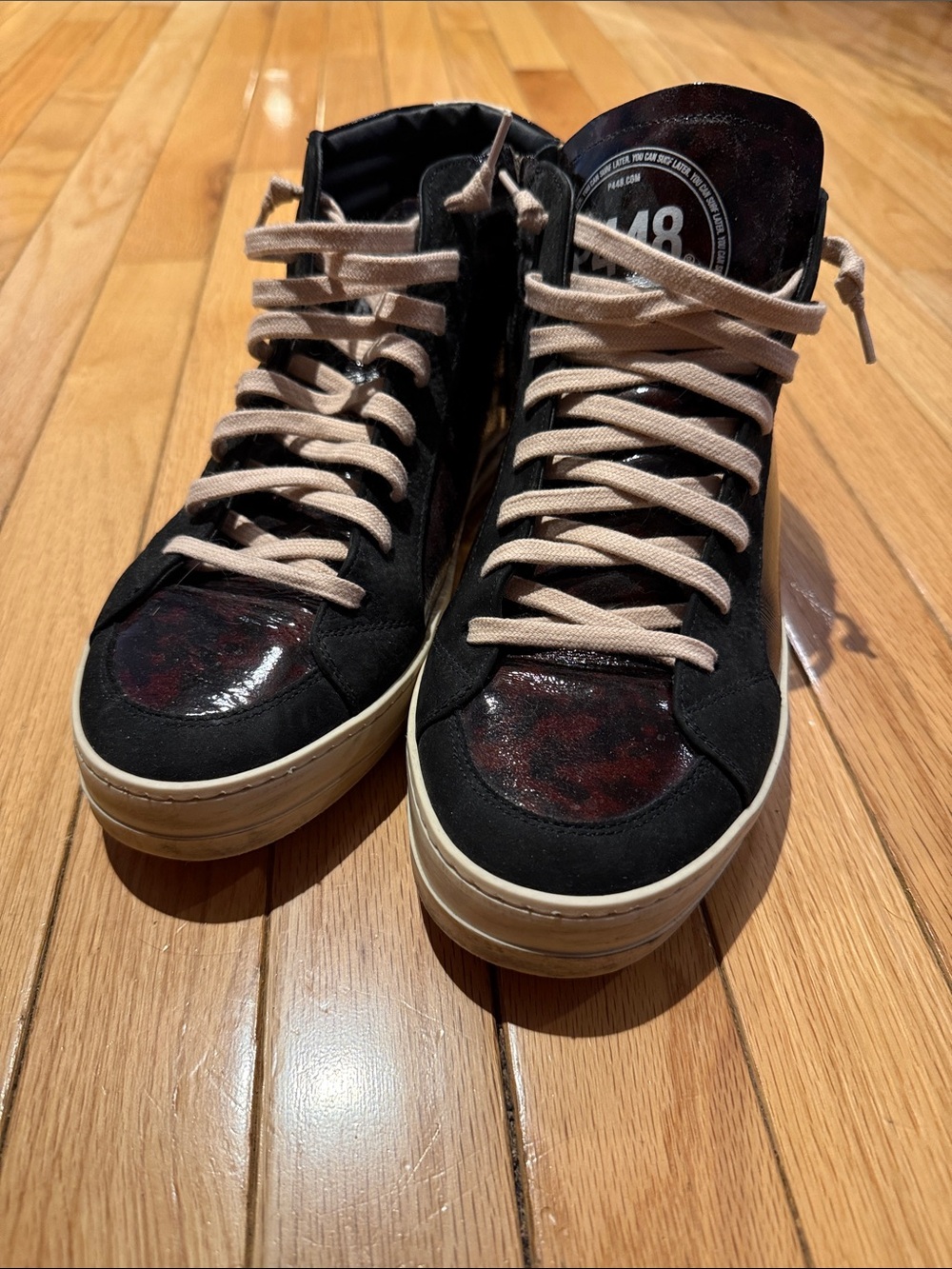 P448 Black High-Top Sneakers with Tortoise Patent Accents